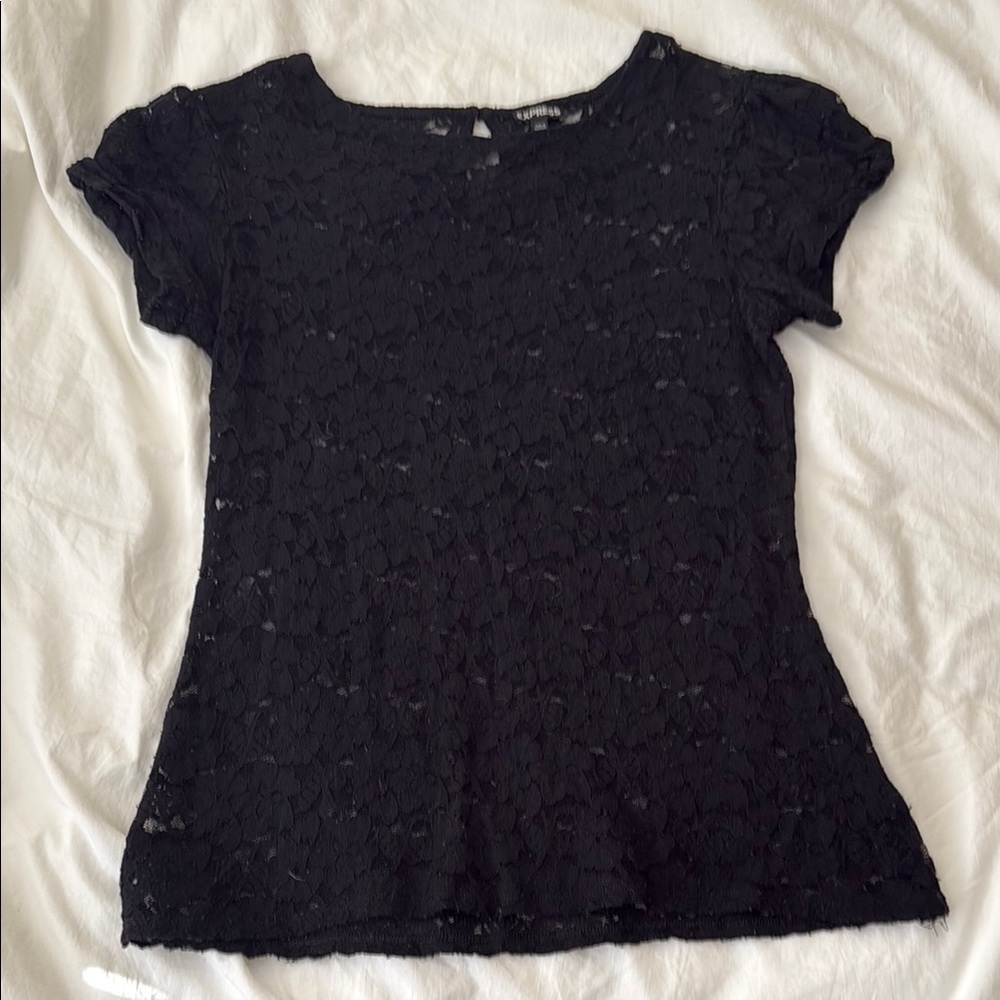 Express Black Fitted lace Cap Sleeve Tee